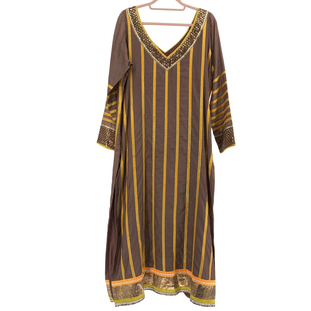 Brown & Yellow Striped Salwar Kameez Kurta Set with Sequin Embroidery XL